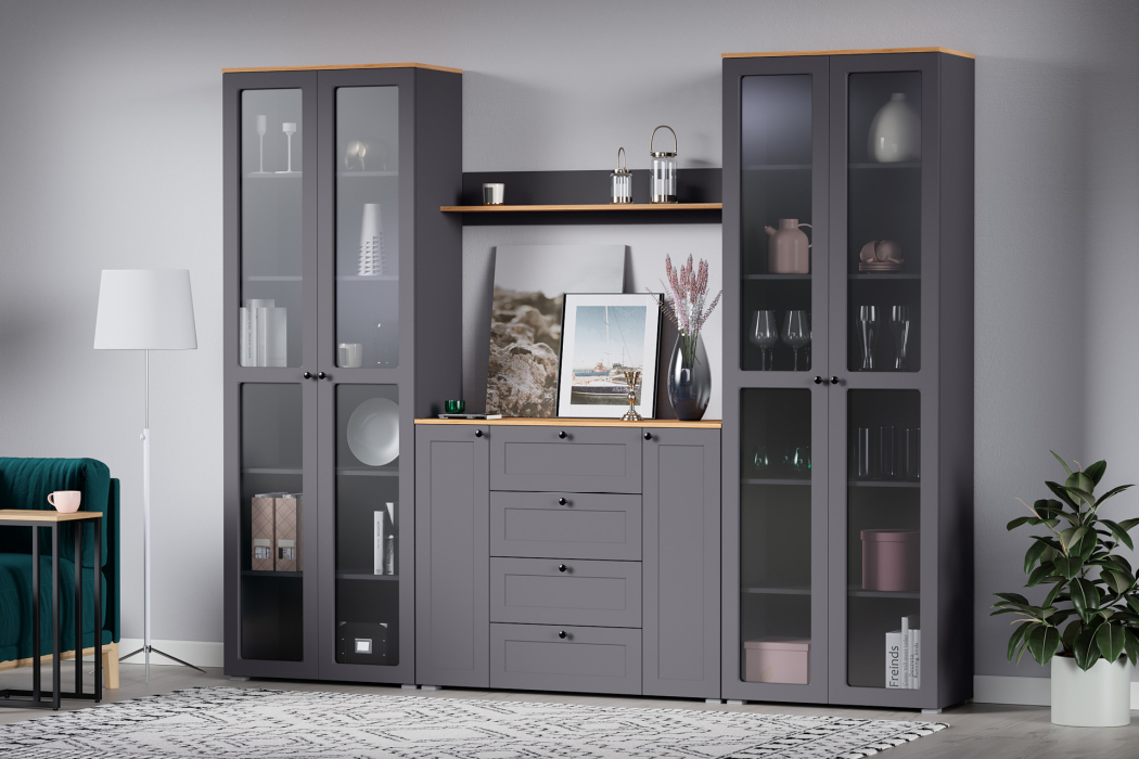 Витрины, Шкаф-витрина Остин 16.394.02, серый графит, дуб золотой крафт