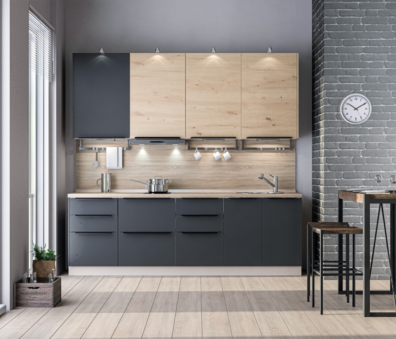 Кухонные гарнитуры, Кухонный гарнитур ЛОФТ Регина Песочный/Диамант серый, Дуб дикий 2,4 м