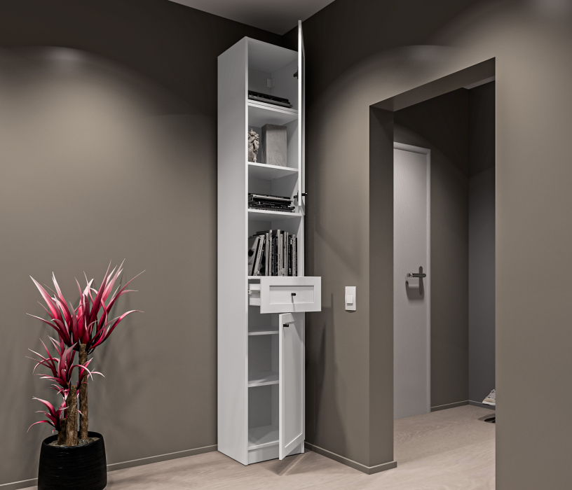 Прямые, Стеллаж Твин СБ-3372 Белый со стеклом и открытой полкой