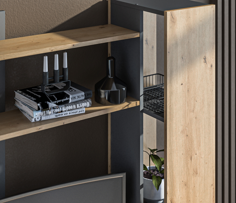 Стенки для гостиной, Стенка Лофт СБ-3411 Дуб дикий,Диамант серый/Диамант серый