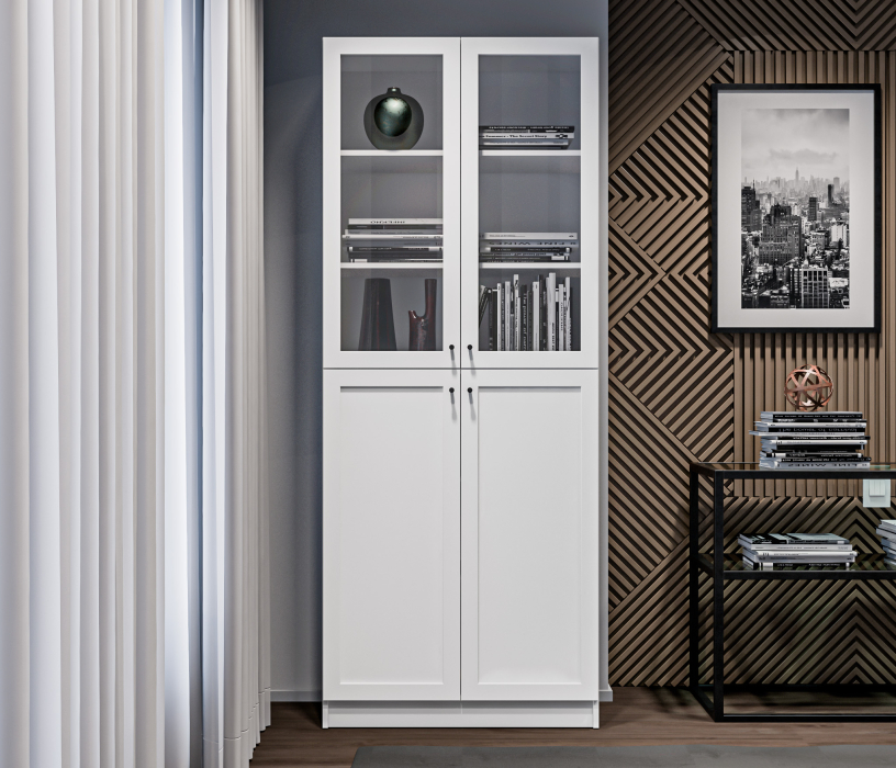 Прямые, Стеллаж Твин СБ-3373 Белый со стеклом