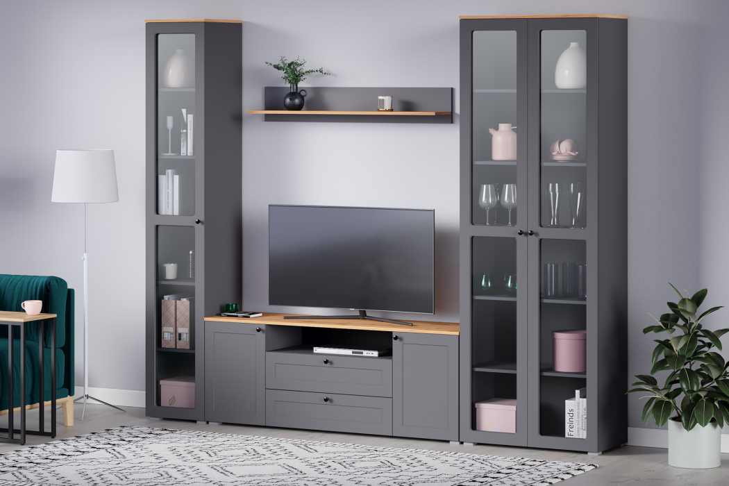 Витрины, Шкаф-витрина Остин 16.394.03, серый графит, дуб золотой крафт