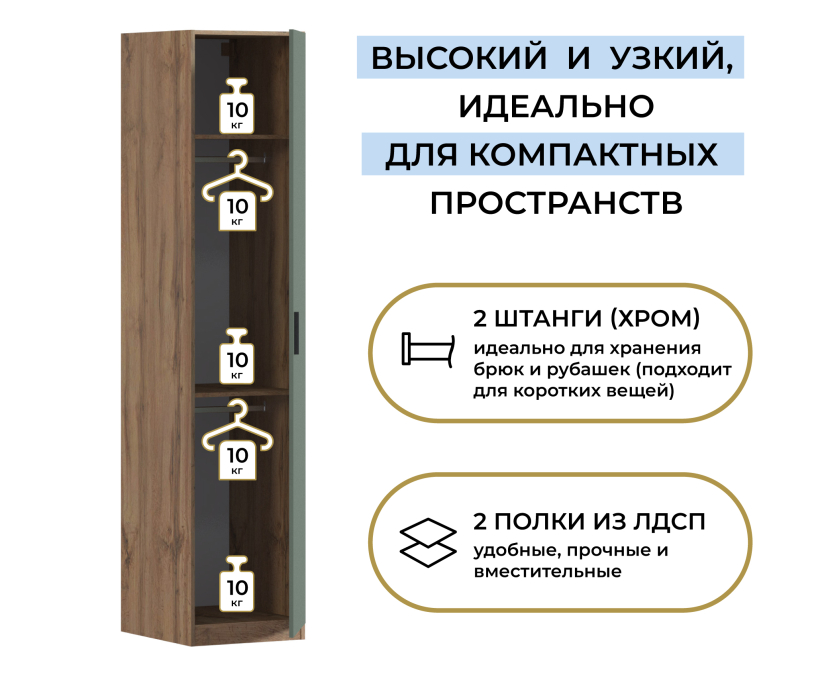 Для одежды, Шкаф однодверный Макс 500 мм, вариант №4 (ЛДСП, дуб вотан)