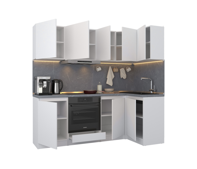 Кухонные гарнитуры, Кухонный гарнитур Леон угловой 210х100 см, белый