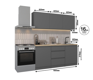 Кухонный гарнитур Леон прямой 180 см, диамант серый