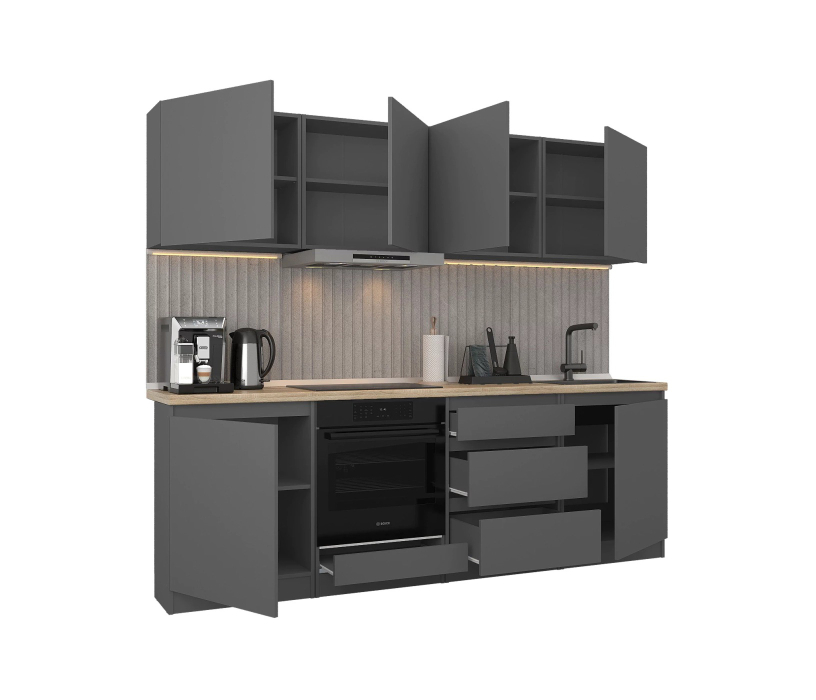 Кухонные гарнитуры, Кухонный гарнитур Леон прямой 240 см, диамант серый