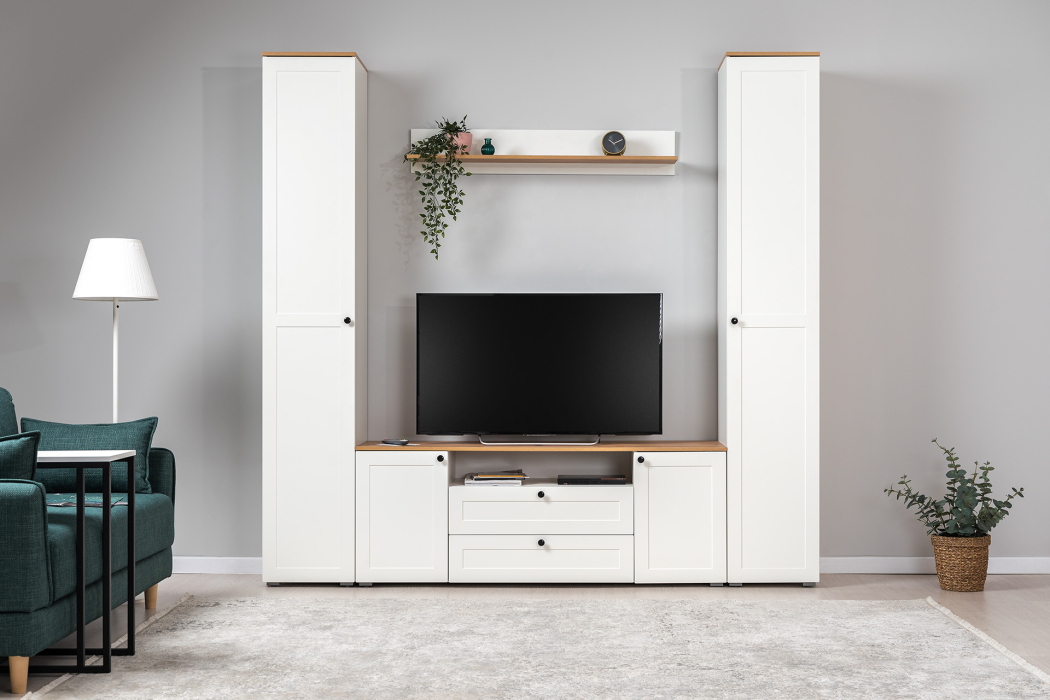 Шкафы распашные, Шкаф-пенал Остин 13.227, белая шагрень, дуб золотой крафт