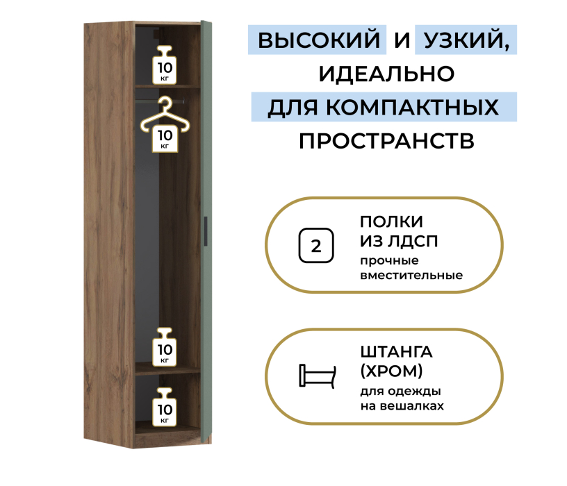 Для одежды, Шкаф однодверный Макс 500 мм, вариант №1 (ЛДСП, дуб вотан)